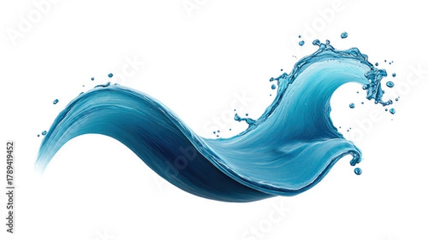 Fototapeta Blue water wave frozen mid-motion with splashing drops on black