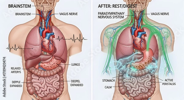 Fototapeta Illustration of vagus nerve activation showing before fightflight and after restdigest states 34989736 1