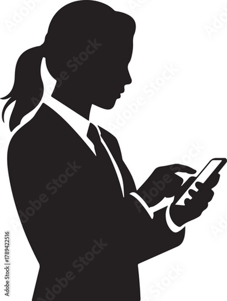 Fototapeta Smiling young woman using her smartphone for texting and browsing social media. Flat vector illustration of a girl with a mobile phone