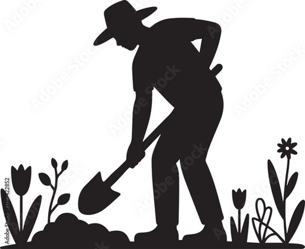 Fototapeta silhouette of a man watering a little tree vector art illustration isolated on transparent background