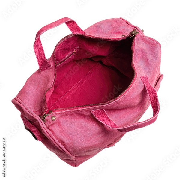Fototapeta Open pink canvas duffel bag, top view, with interior pocket visible