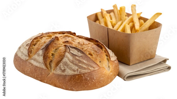 Fototapeta Fresh rustic bread loaf and a container of crispy french fries resting on a folded napkin isolated on transparent background.