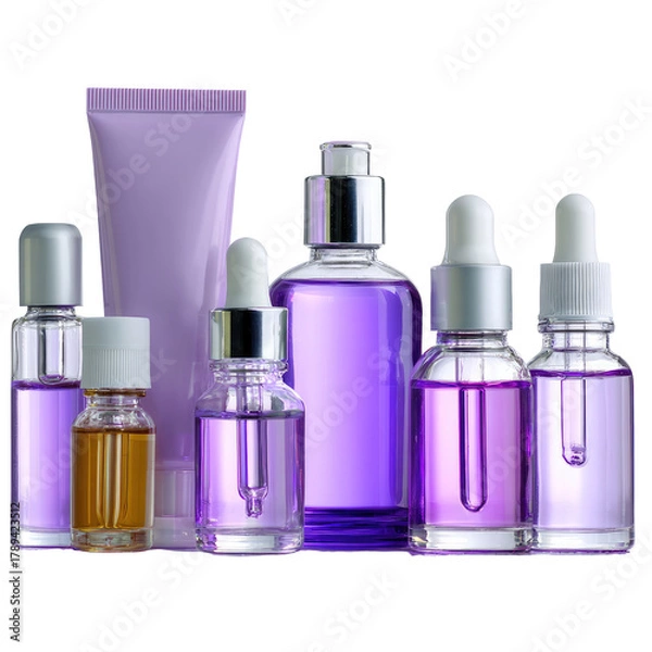 Fototapeta Assorted purple skincare bottles and a tube, arranged neatly