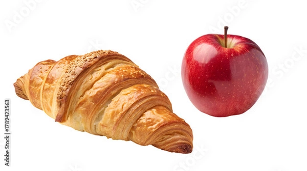 Fototapeta Golden baked croissant and a whole, glossy red apple, illustrating common breakfast or snack items isolated on transparent background