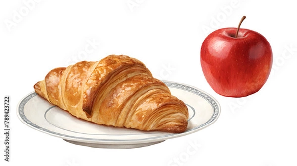Fototapeta Golden butter croissant resting on a decorative plate positioned beside a whole ripe red apple isolated on transparent background
