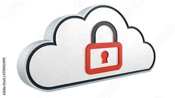 Obraz Three dimensional secure cloud computing icon featuring a bright red padlock for data protection isolated on transparent background