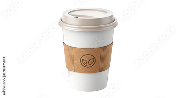 Obraz White paper coffee cup with brown corrugated sleeve and organic logo isolated on transparent background