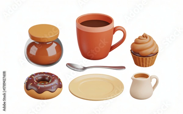 Obraz Coffee with donut and cupcake still life depicting breakfast treats on white table with orange accents for backgrounds