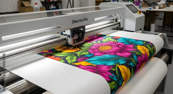 Fototapeta Digital textile printer printing vibrant floral designs on fabric showcasing dtf technology in fabric printing 99760144 1