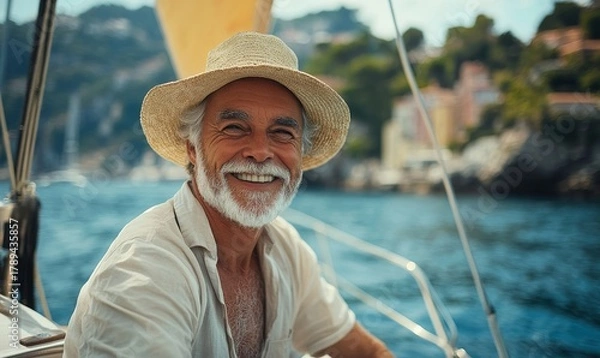 Fototapeta Portrait of a happy senior man sailing a boat in Italy. A joyful scene of relaxation and adventure, perfect for travel or lifestyle themes, Generative AI