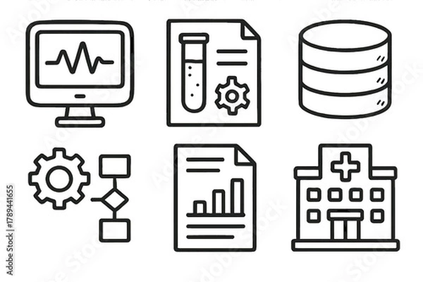 Fototapeta Clinical Software Icons. Clinical Software outline icons: computer monitor, lab results, database icon, workflow gear, report document, hospital building.