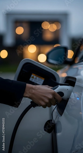 Obraz Businessman Using Smartphone While Charging Electric Car