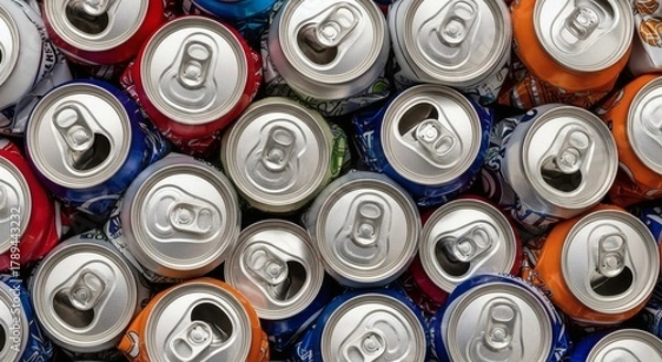 Fototapeta Pile of Aluminum Cans A Colorful Overview of Drink Containers