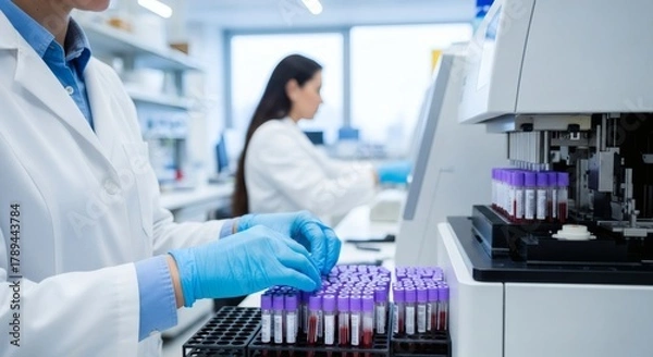 Fototapeta Medical Laboratory Scientists Working with Blood Samples and Equipment in a Lab Setting