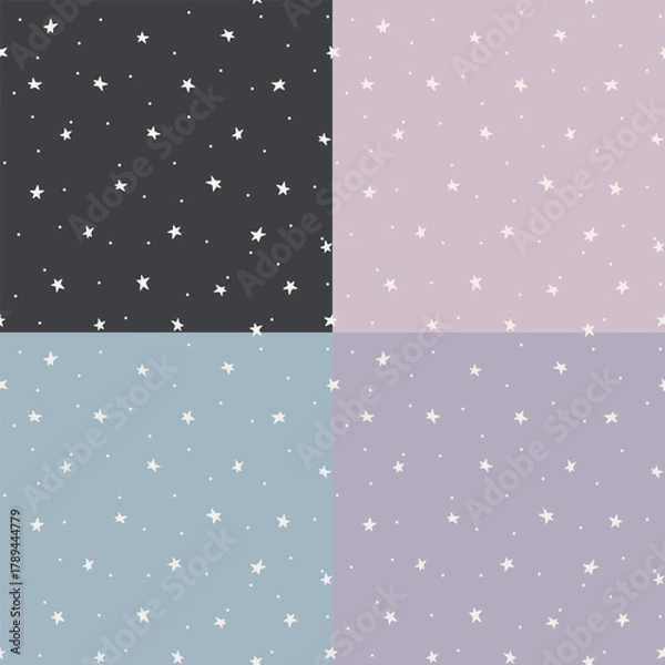 Fototapeta Minimalistic patterns collection with small stars in a sky. Childish baby cute drawing, seamless backgrounds. Soft pastel colors. Can be used for fabric, textiles, printing.