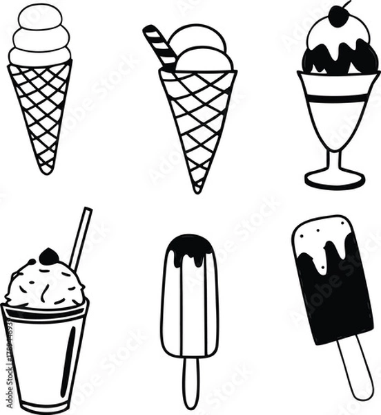 Fototapeta Adorable collection of hand-drawn dessert icons, including smiling donuts, cupcakes, ice cream, and cake slices. Perfect for adding a sweet touch to your designs. Scalable EPS format.