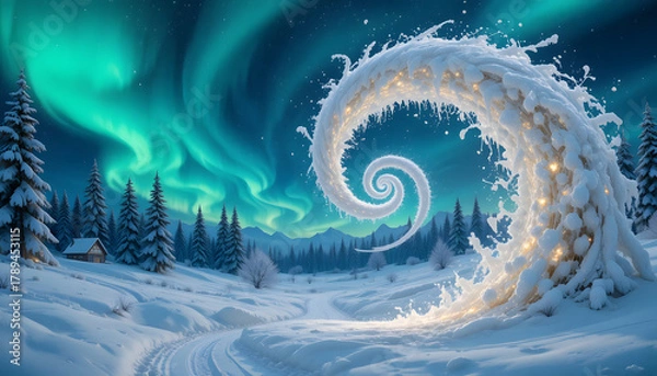 Obraz Winter landscape with aurora borealis a swirling snow formation and a forest creating a magical and serene scene