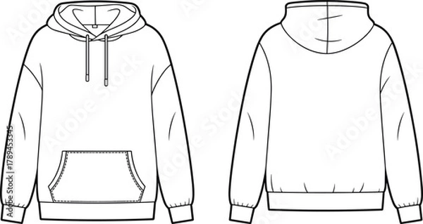 Fototapeta Unisex hoodie flat fashion sketch front and back view, casual sweatshirt technical drawing, pullover apparel CAD template vector