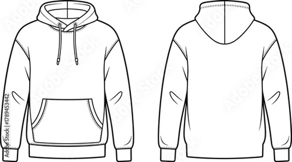 Fototapeta Unisex hoodie sweatshirt flat vector template front and back view, casual pullover with pocket and hood, fashion CAD drawing