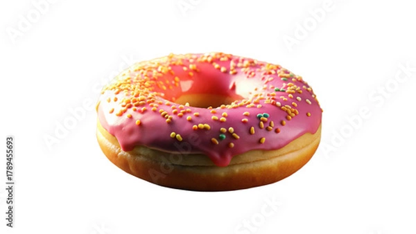 Fototapeta  vibrant-pink-glazed-donut-on-warm-wooden-table isolated on white background