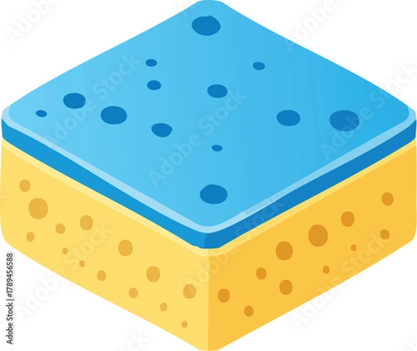 Fototapeta Isometric graphic illustration of a dual-layered cleaning sponge, featuring a vibrant blue scrubbing surface atop a porous yellow base, perfect for household chores and kitchen maintenance