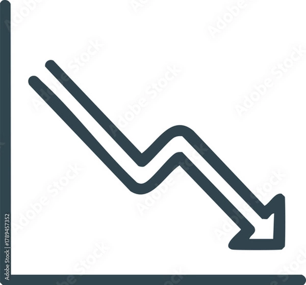 Fototapeta Simple line icon illustrating a downward trend with an arrow, representing financial loss, economic crisis, market crash, and business failure