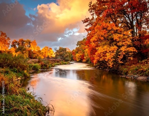 Obraz A vibrant autumnal scene capturing a serene river flowing through a forest of trees ablaze with colorful foliage under a dramatic sunset