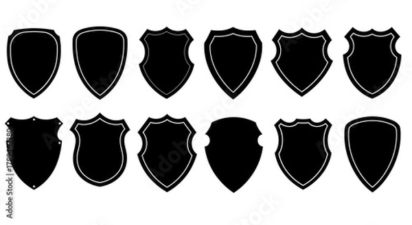 Obraz Collection of diverse shield silhouettes in a vintage hand drawn style on a white background