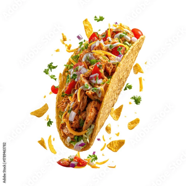 Fototapeta Chicken taco explosion, with cheese, tomatoes, onion and herbs