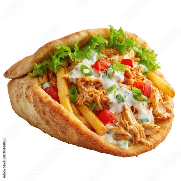 Fototapeta Stuffed pita bread with chicken, fries, veggies, and sauce
