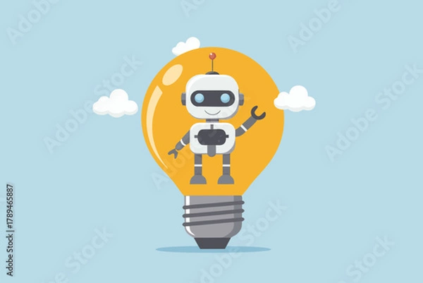 Fototapeta Cute cartoon robot standing inside a glowing light bulb with small clouds in the background