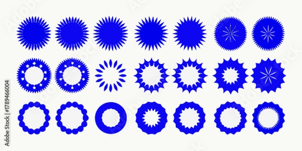 Fototapeta Collection of various blue starburst and circular shapes on a white background