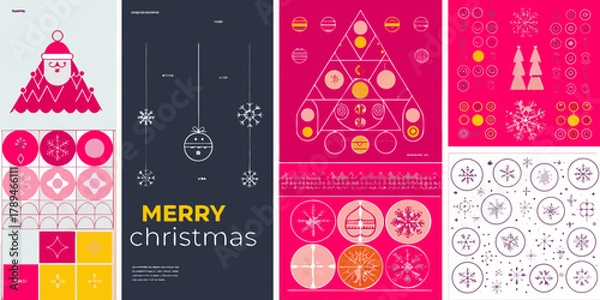 Fototapeta Modern geometric christmas graphics featuring santa claus snowflakes ornaments and trees in pink and yellow