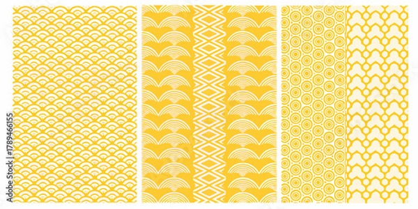 Fototapeta Collection of five seamless geometric patterns in yellow and white with traditional japanese and tribal influences