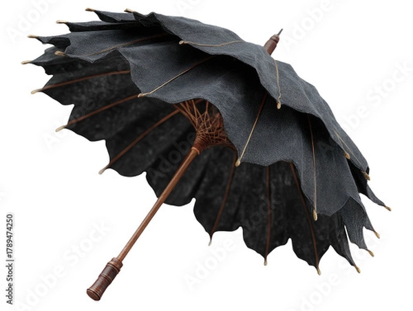 Fototapeta Dark, layered, gothic parasol with wooden handle and ribs