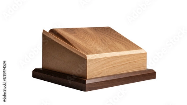 Fototapeta Angled light wood box rests on dark wood base. Smooth surface