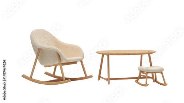 Fototapeta Child's rocker, table, and small rocker stool on black background