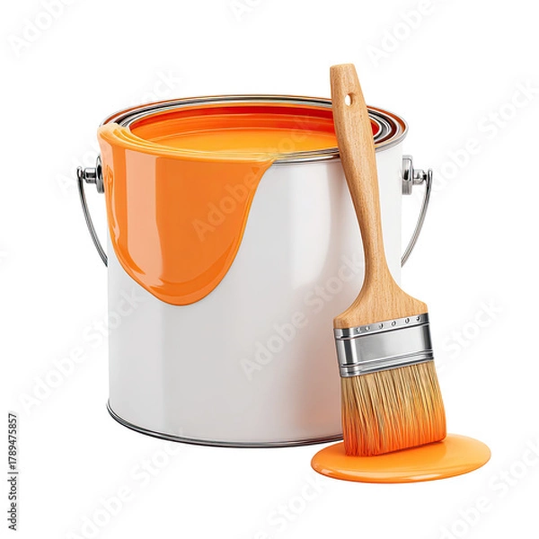 Fototapeta Open paint can, brush resting, orange paint spills. Isolated image