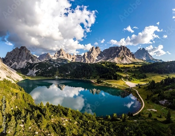 Obraz Aerial perspective of mountains, serene lake mirroring sky, surrounded by vibrant greenery and puffy clouds. A winding road leads