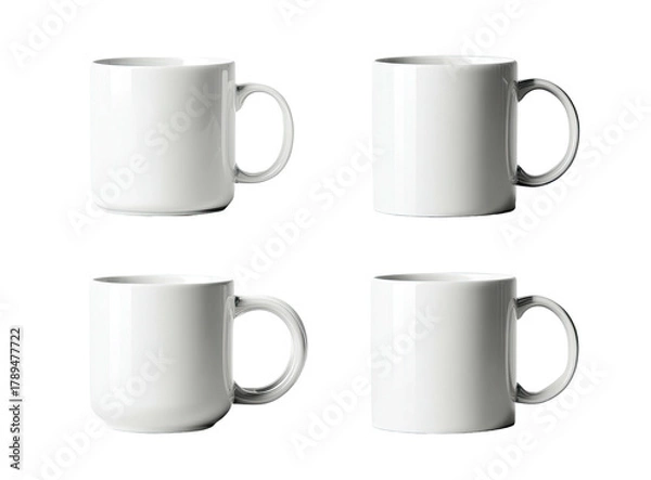 Fototapeta Four white ceramic mugs arranged in grid pattern on black background