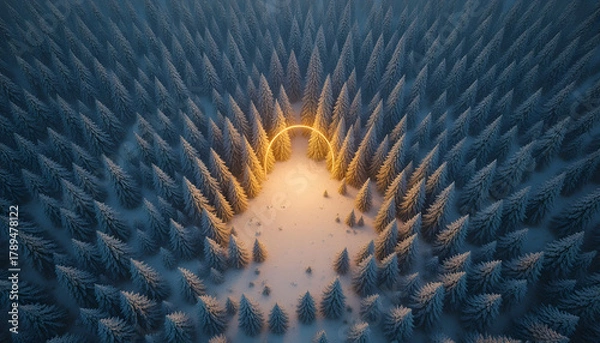 Obraz Aerial view of a snowy forest with a glowing circle creating a magical winter landscape ideal for seasonal backgrounds and fantasy concepts