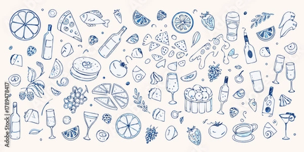 Fototapeta Whimsical blue line art food and drink doodles pattern with fruits vegetables and party items