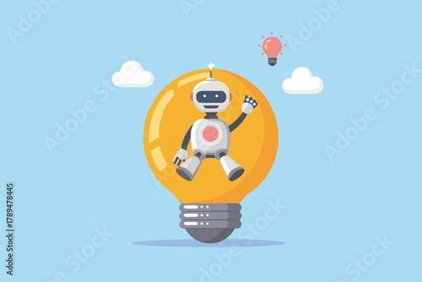 Fototapeta Cute robot character sitting inside a glowing light bulb symbolizing innovation and new ideas