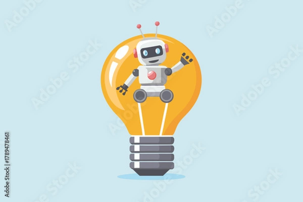 Fototapeta Cute cartoon robot waving hello inside a glowing light bulb symbolizing a bright new idea
