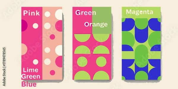 Fototapeta Abstract geometric patterns and color palettes featuring pink green orange magenta blue and lime