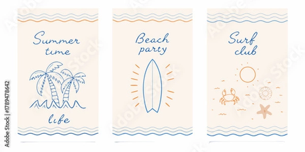 Fototapeta Set of three minimalist summer beach themed cards with palm trees surfboard crab and sun illustrations