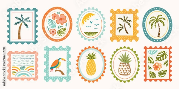Fototapeta Collection of charming tropical themed decorative postage stamps with palm trees flowers pineapples and birds