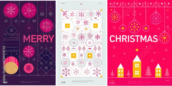 Fototapeta Modern christmas and merry design with snowflakes and ornaments in pink and purple colors