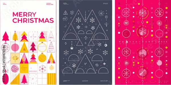 Fototapeta Modern merry christmas greeting card with abstract geometric trees and festive ornaments in pink yellow and blue