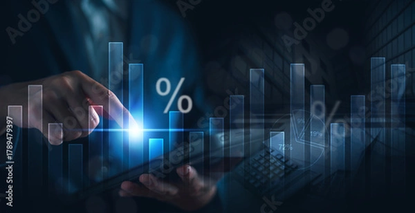 Fototapeta Business, finance and investment concept. Business man analyzing and calculating tax, interest rate, financial data with economic graph growth chart, strategy and budget planning. banner.